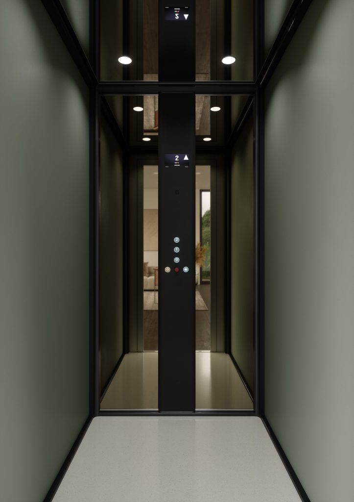 cabina per home lift Eltec lift, pannellature verdi bosco e pulsantiera eltec lift a tutta altezza in finitura nera.