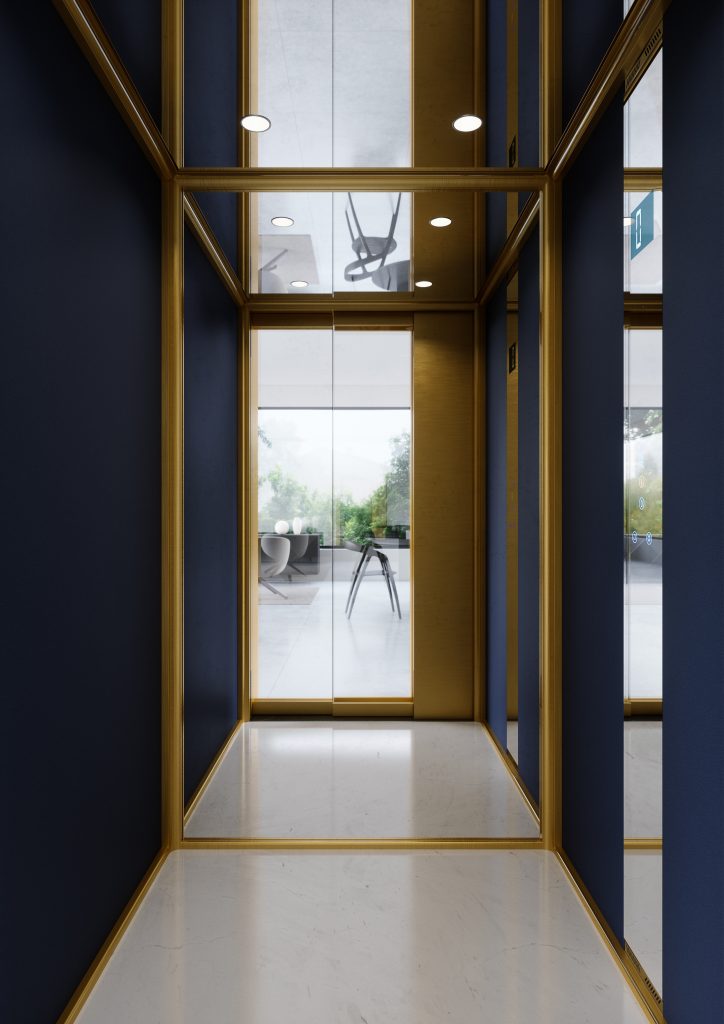 cabina per home lift Eltec lift, pannellature verdi bosco e pulsantiera eltec lift a tutta altezza in finitura nera.