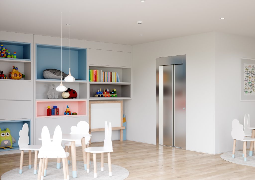 porta per home lift Eltec Lift, scorrevole due ante finitura inox. Porta al piano.