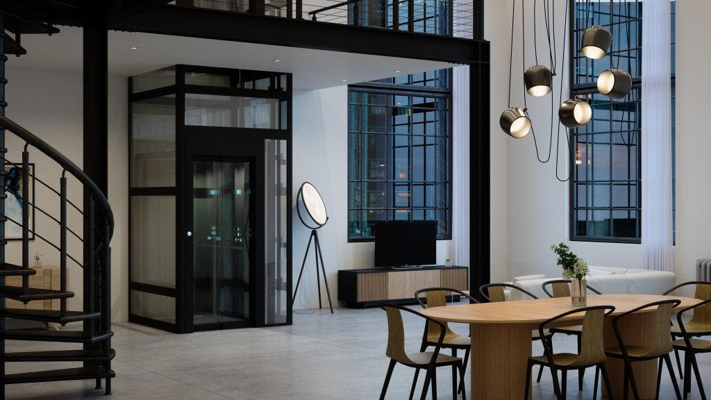 impianto home lift HGL eltec lift, struttura nera e vetro extra chiaro su struttura, fumè su porta Full glass, dettaglio struttura porta nero.