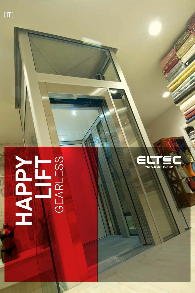 immagine della cover della prima brochure Eltec Lift, dell'impianto HLG. L'impianto ha una struttura in acciaio brillante, interni neutri e vetratura in cabina e in struttura extra-chiara.