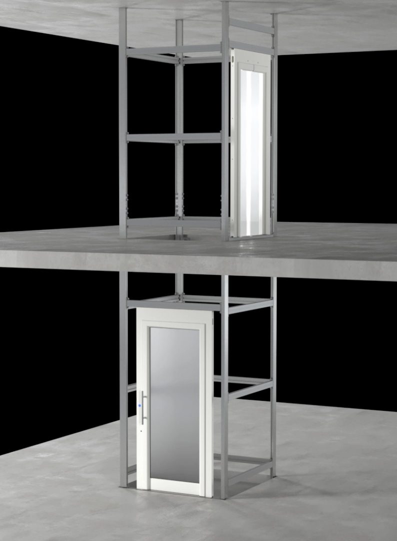 frame del video dedicato alla struttura Eltec AU, per home lift. video 3d del progetto e montaggio, si vede ossatura struttura a due piani